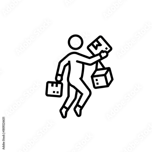 Minimalist vector image icon depicting various stages of the shopping and delivery process, including a character jumping with a glowing gift and carrying multiple shopping bags