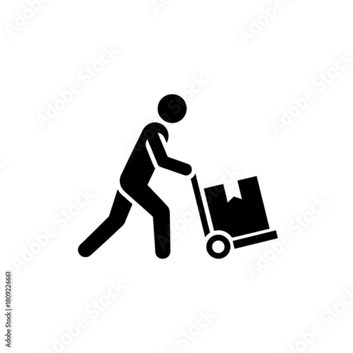 A clean minimalist vector image of a warehouse worker pushing a hand truck loaded with cardboard boxes to represent logistics and delivery services