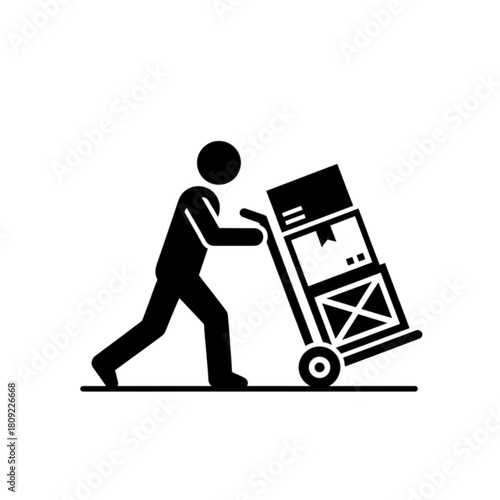 A clean minimalist vector image of a warehouse worker pushing a hand truck loaded with cardboard boxes to represent logistics and delivery services