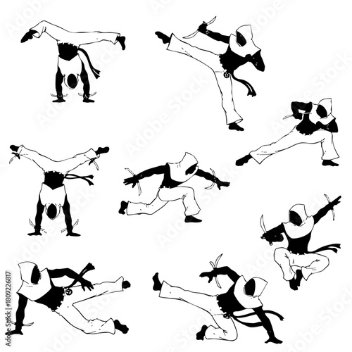 Nine silhouetted figures in white hooded outfits perform capoeira against a white background, showcasing dynamic poses, high contrast, and energetic movement.
