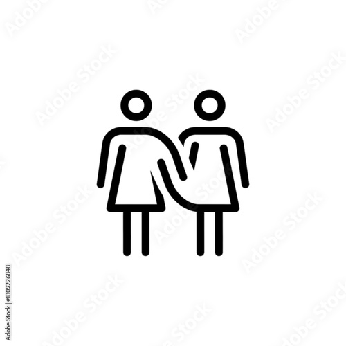 Two feminine figures joined at the arm represent sisterhood, female friendship, and collaborative partnership in this minimalist vector image