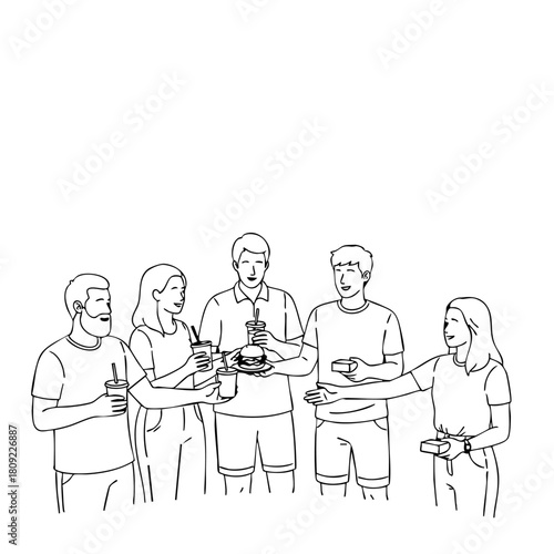 Five line-art people stand closely, holding food/drinks, sharing, under bright light, creating a friendly, casual, and communal atmosphere, viewed from eye-level.
