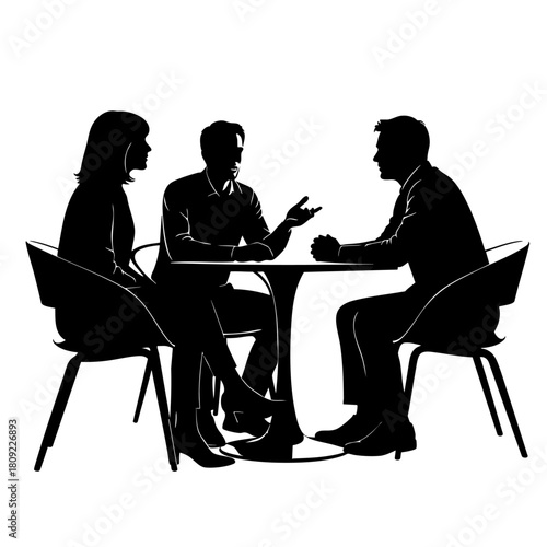 Three silhouetted figures sit around a round table, engaged in conversation, against a stark white background, creating a serious, formal ambiance.
