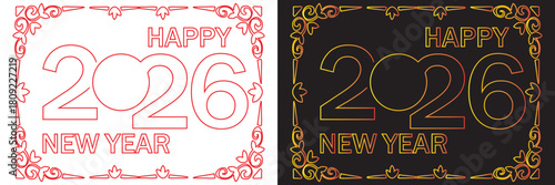 Happy 2026 New Year decorative vector icons A set of 2026 designs featuring bold numerals, festive ornaments, and contrasting light–dark color themes for celebration graphicsEPS10/AI.