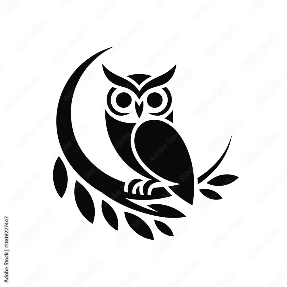 Obraz premium Black and white owl silhouette on a crescent branch