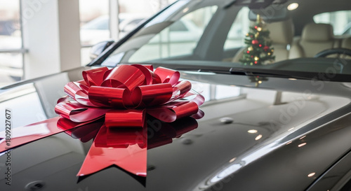 Red bow on car hood in showroom lighting. Small Christmas tree on dashboard visible through windshield. Christmas Car Dealership Showroom, Decorated, Red Bow, Festive Mood