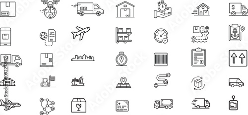 Logistics and Delivery Line Icons Set – Shipping, Warehouse, Transportation, Cargo Tracking, Supply Chain & Courier Services Symbols