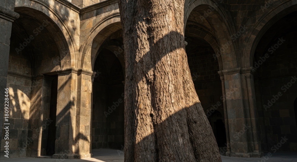 Obraz premium A grand stone arched hall with a large tree trunk illuminated by sunlight