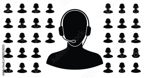 Support team silhouettes with a headset operator in the foreground