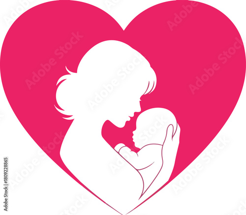 Mother lovingly cradles baby within a heart symbolizing maternal affection and care.
