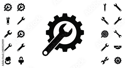 Black and white icons depicting various mechanical tools and gears