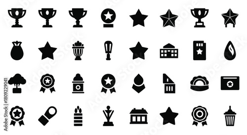 Collection of black silhouette icons representing awards achievements and symbolic objects