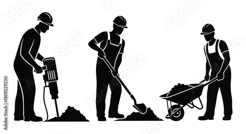 Silhouettes of construction workers performing various labor tasks outdoors