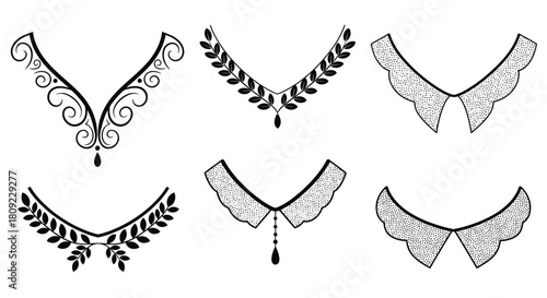 Variety of decorative collar designs in black and white illustration