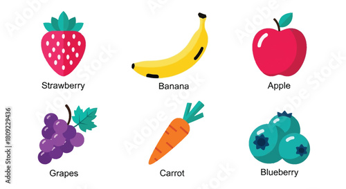 Colorful fruit and vegetable icons strawberry banana apple grapes carrot blueberry