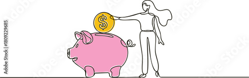 Continuous single line drawing of a business woman holding a large money coin, minimalist financial concept with dollar symbol outline vector illustration