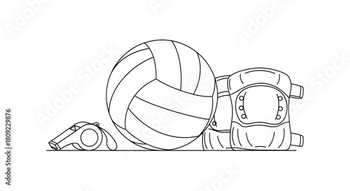A set of black and white line art illustrations featuring basketball shoes, a ball, and a hoop for sports concepts