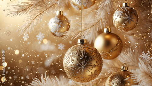 Christmass gold background with xmas ball decorations, stars, snowflakes and copy space