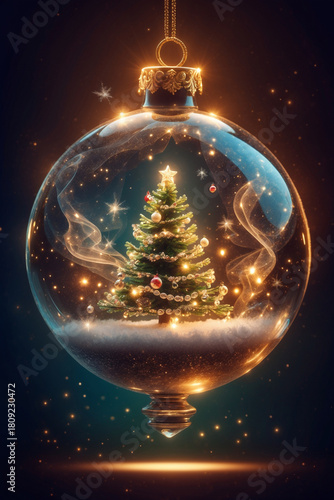 Christmas ball with christmas tree and scene, romantic surreal xmass background