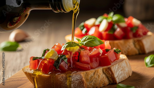 Rich golden olive oil pouring onto rustic Italian bruschetta. Soft warm shadows and authentic Mediterranean mood create a premium gourmet culinary scene ideal for food marketing.