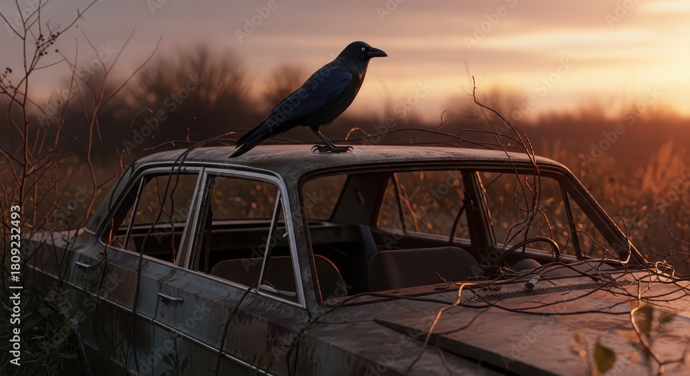 Obraz premium Dark bird rests upon the roof of a derelict automobile abandoned in a field at sunset