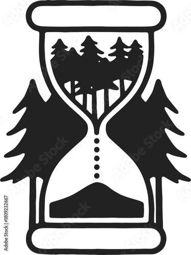 Hourglass with pine trees and mountain silhouette inside and outside time nature