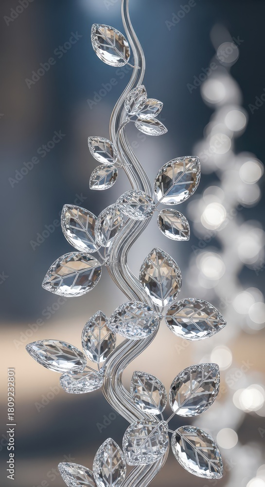 Fototapeta premium Clear faceted crystal vine with leaves spirals upward against a soft focus background