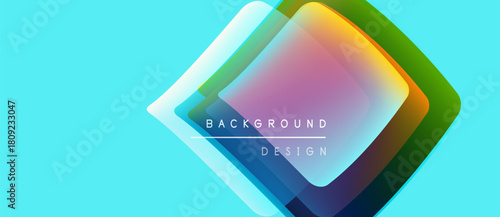 Abstract geometric shapes overlap, creating vibrant color gradients. Turquoise background complements design elements. Modern, clean aesthetic.