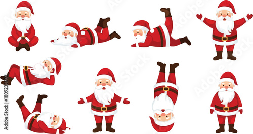 Santa Claus in various yoga poses demonstrating flexibility and holiday cheer.