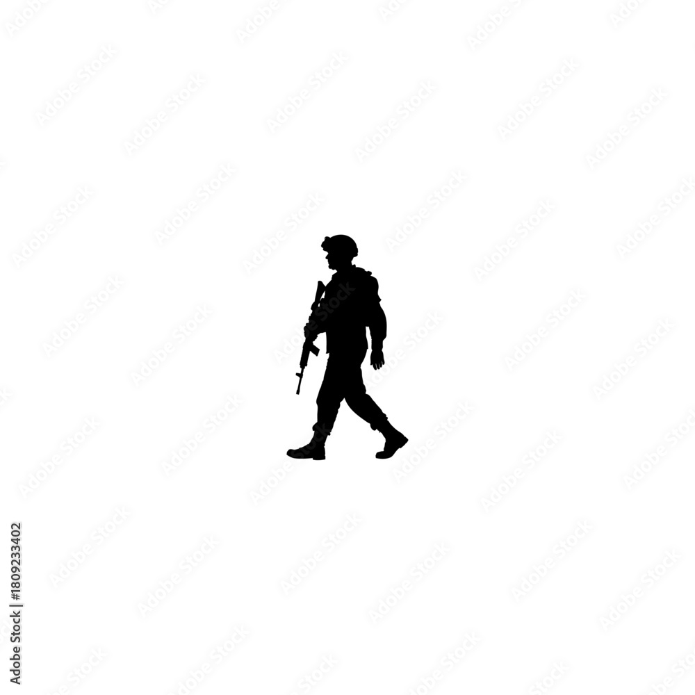 Fototapeta premium A silhouette of a soldier walking with a rifle in hand wearing a helmet and military uniform in black color