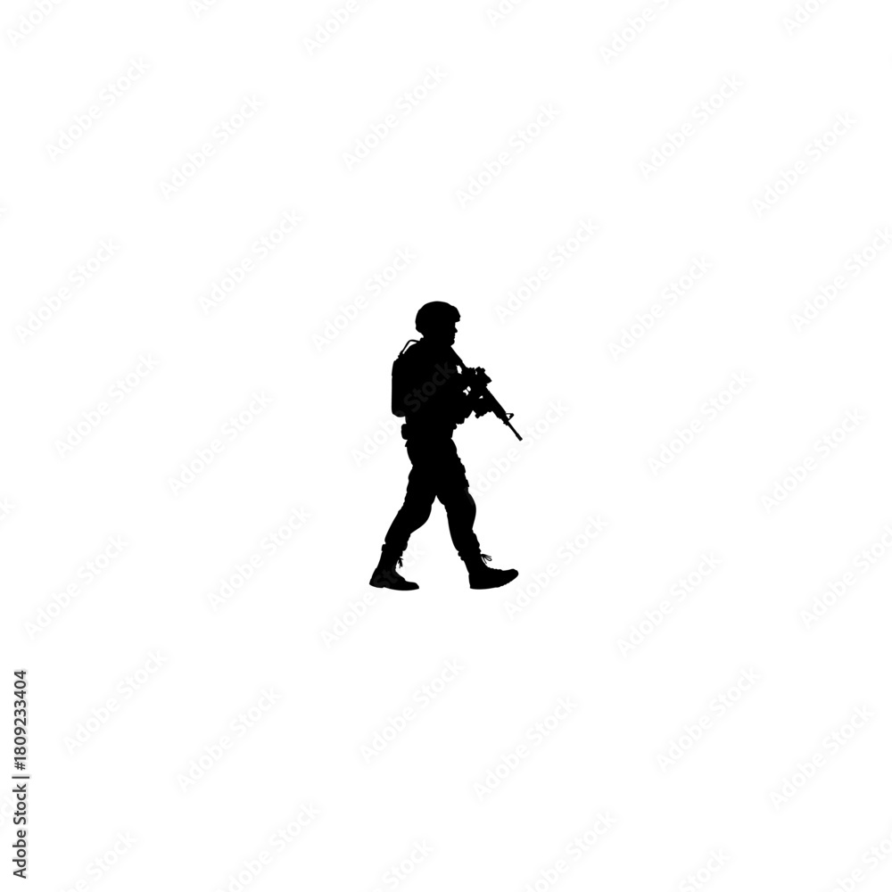 Fototapeta premium A silhouette of a soldier walking with a rifle in a white background, isolated and ready for action
