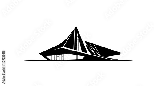 Minimal black silhouette design of a sleek futuristic building with sharp geometric lines and angular shapes, flat two-dimensional appearance with no depth or shading, set against a clean and simple b