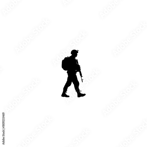 Silhouette of a soldier walking with a rifle and backpack against a plain white background in full gear