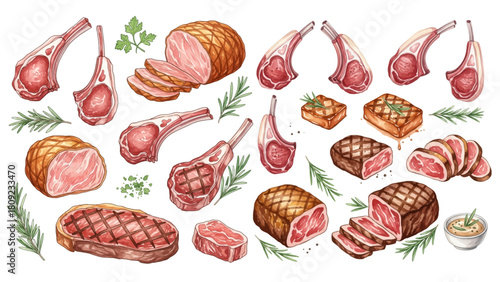 Watercolor illustration set showcasing various cuts of raw and grilled red meat, including lamb chops, steaks, and roasts, accompanied by fresh rosemary and spices.