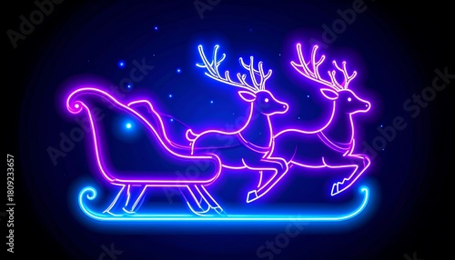 Glowing neon art shows Santa's sleigh led by two reindeer on a dark background, festive and colorful illustration