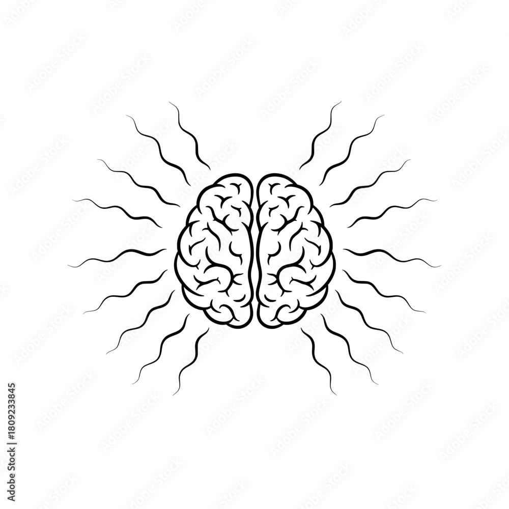 Fototapeta premium Dynamic conceptual illustration of an active human brain with radiating energy waves, symbolizing thought, creative ideas, mental activity, and the power of intelligence