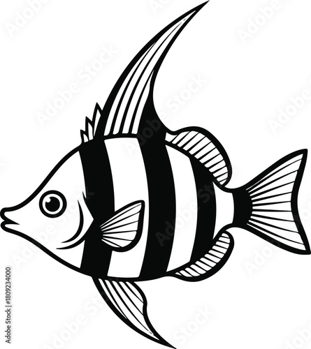 Striking black and white illustration of a beautiful tropical fish with elegant fins.