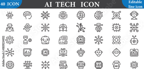 Ai tech icon set with editable line icon isolated on white background