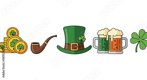St Patrick's Day Icons Beer, Gold, Hat, Pipe and Clover