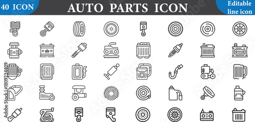 Auto parts icon set with various car components isolated on white background