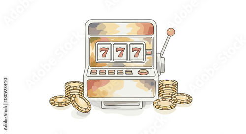 Casino slot machine lucky seven gambling and jackpot concept one line minimalist illustration with watercolor fill, trendy vector.