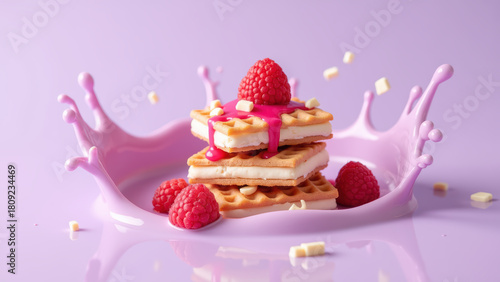 Delicious waffles topped with raspberries and pink sauce create vibrant dessert scene. playful splash adds fun touch to this sweet treat