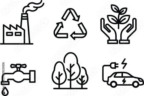 WebEnvironmental Icon Set – Minimalist Black and White Symbols of Pollution, Recycling, Conservation, and Clean Energy