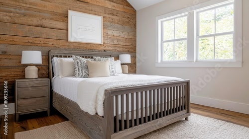 Elegant rustic bedroom with reclaimed wood furniture, a compact baby bed, and soft neutral colors for a cozy space