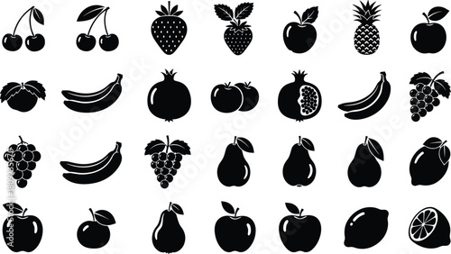 “Black silhouette fruit icon collection featuring cherries, bananas, apples, strawberries, grapes, pears, pomegranates, lemons and other simple fresh produce vector illustrations, clean bold design”