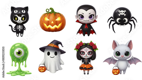 Collection of adorable cartoon Halloween characters including a cat, pumpkin, vampire, spider, eyeball, ghost, sugar skull, and bat.