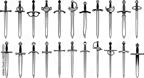 “Collection of detailed medieval and fantasy sword silhouettes featuring diverse blade styles, historical weapon designs, combat illustration elements, and decorative vector art for creative projects”
