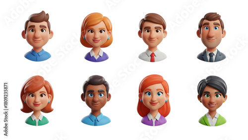 Collection of eight diverse, cartoon-style headshots, each representing a unique individual with distinct features.
