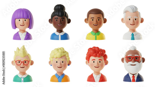 Diverse group of 3D rendered cartoon people with different hairstyles, skin tones, and clothing, isolated on a white background.