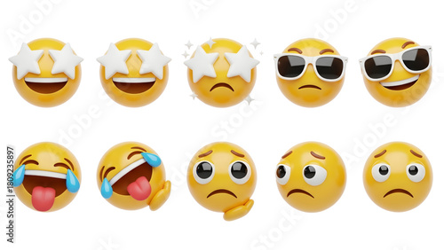 A set of 3D emoji icons with various expressions and emotions.